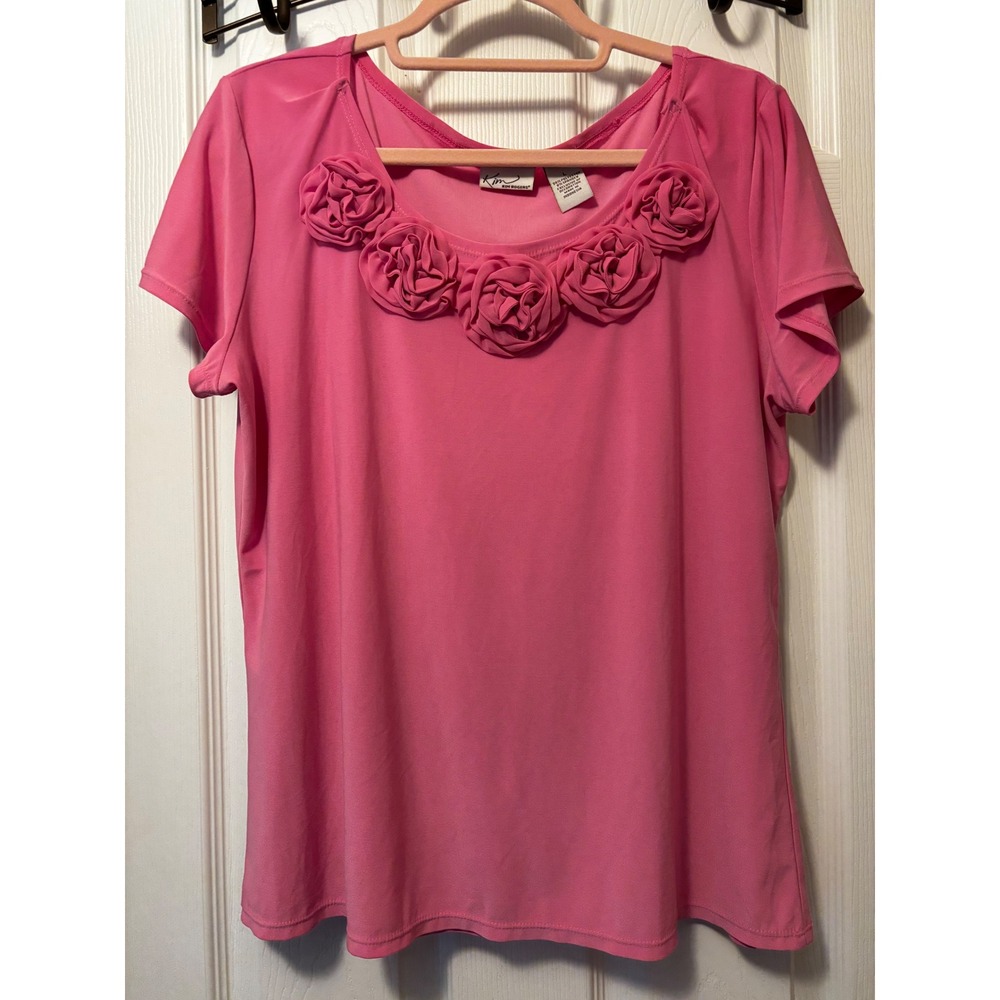 Kim Rogers Womens Pink Rosette Neck Short Sleeve Blouse Top Large